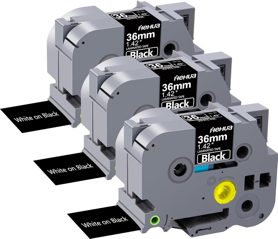 Hehua Tze Tz Tape 36mm 1.4 inch Laminated Black Tape Compatible for Brother P-Touch TZe-365 TZe365 TZ-365 TZ365 Label Tape for Ptouch PT 3600 530, 1.4'' x 26.2ft White on Black, 3 Pack