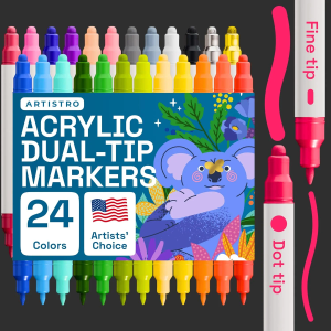 ARTISTRO 24 Colors Acrylic Paint Pens Art Set Dual Tip (Fine 1mm + Dot 5mm), Acrylic Markers for Fabric, Canvas, Rock, Glass, Wood, Paper, DIY, Paint Markers for Kids and Adults