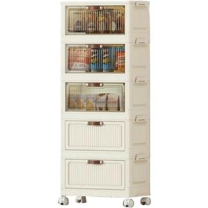 5-Tier Foldable Storage Cabinet with Doors, Collapsible Organizer with Magnetic Flip Lids, 24QT Wheels Storage Bin for Living Room, Kitchen, Bathroom (Clear Mixed)