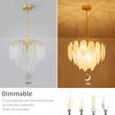 LumFurn 6-Light Gold Chandeliers, Modern 3-Tier Pendant Light Fixture for Dining Room, Living Room, Adjustable Height 19~51", Frosted Feather-Shaped Glass Shade & Brass Finish Frame, Large Pendant