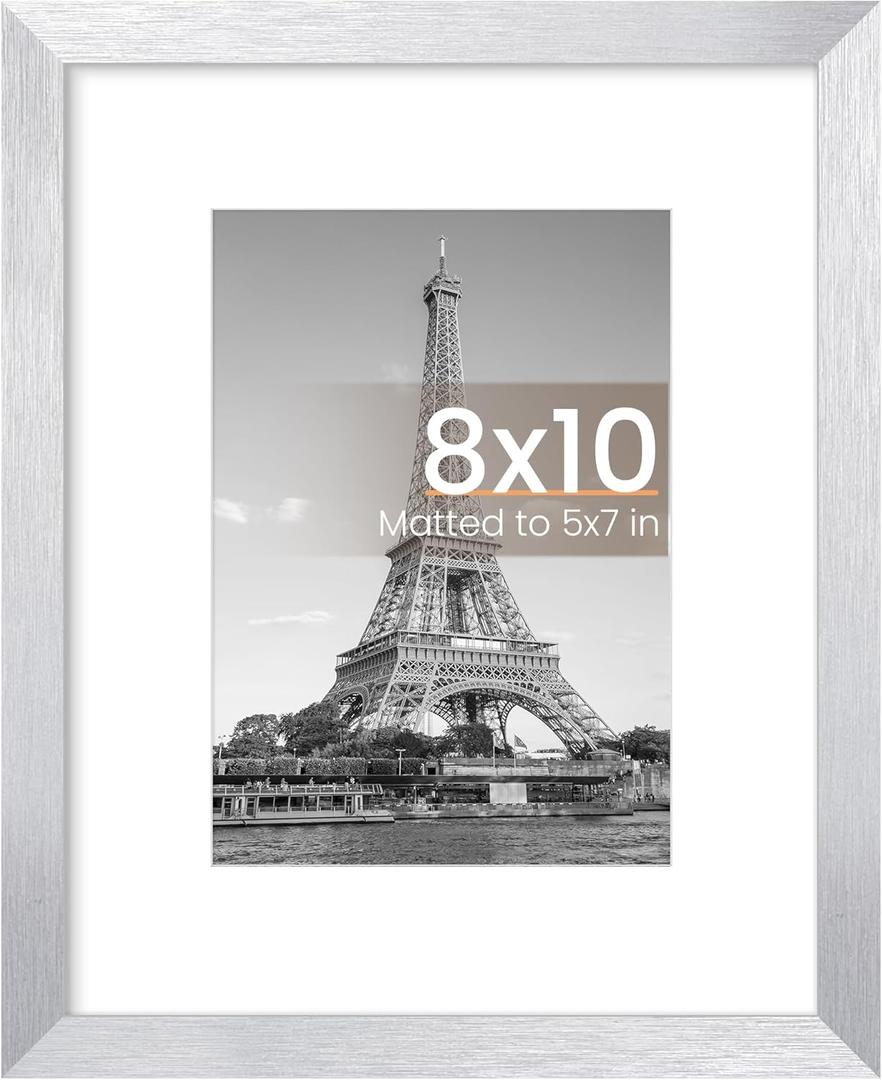 upsimples 8x10 Picture Frame, Display Pictures 5x7 with Mat or 8 x 10 Without, Wall Hanging Photo Frames, Silver, 1 Pack