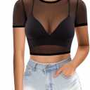 MANGOPOP Women's Short Sleeve Long Sleeve Sheer Mesh Crop Tops Tee Shirt Blouse (XL)
