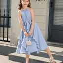 Girls Dresses Tween Halter Tie Back Tiered Ruffle A-Line Flowy Dress Summer Sleeveless Sundress Size 5-14 Years (Blue)