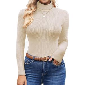 Ekouaer Women's Turtleneck Shirts Ribbed Pullover Sweater Long Sleeves Tops Midweight Thermal Underwear Blouse Beige, L