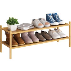 BMOSU 2-Tier Bamboo Extended Shoe Rack Premium Stackable Shoe Shelf Storage Organizer for Hallway Closet Living Room Entryway Organizer(Natural)