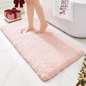 ILANGO Pink Bathroom Rugs 48"  24" Non Slip & Super Absorbent Extra Thick Soft, Washable Bath Mat for Floor, Microfiber Plush Shaggy Bath Rug with Rubber for Bathtub Shower Room Sink