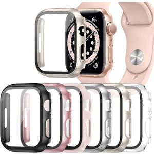 6 Pack Case for Apple Watch Series 9/8/7 41mm Tempered Glass Screen Protector, Hard PC Ultra-Thin Scratch Resistant Full Protective Face Cover Bumper for iWatch 41mm Accessories (Black+Clear+Pink+Rose gold+Silver+Starlight)