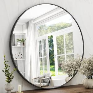 42 Inch Round Bathroom Mirror - Black Wall Mounted Circle Mirror with Metal Frame, Modern Round Hanging Mirror Suitable for Bathroom, Vanity, Entryway, Living Room