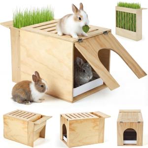 2 in 1 Extra Large 23 x 13.4 Inches Wooden Rabbit Litter Box with Hay Feeder Large Capacity Less Mess Rabbit Hay Feeder Litter Box Set for Rabbits, Bunny, Guinea Pig, Hamster, Small Animals