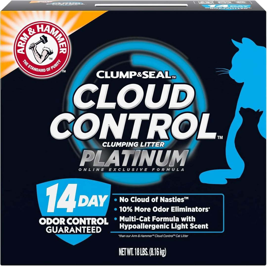 ARM & Hammer Cloud Control Platinum Cat Litter, Hypoallergenic, Dust-Free, Multi-Cat, 14-Day Odor Control, 18 lbs  Dander Shield & Baking Soda