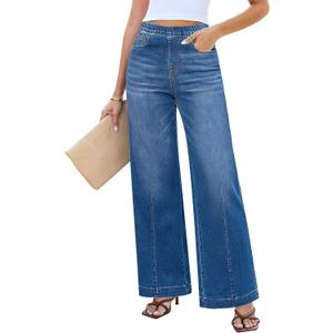 LookbookStore Wide Leg Jeans for Women Trendy High Waisted Trousers Stretchy Baggy Denim Pants (Blue)