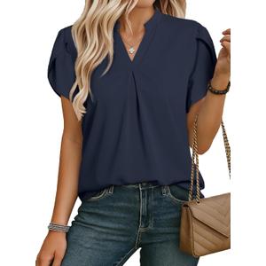 EVALESS Women's Dressy Casual Business Work Chiffon Blouses Tops Summer V Neck Cute Loose Petal Short Sleeve T-Shirts (Blue, L)