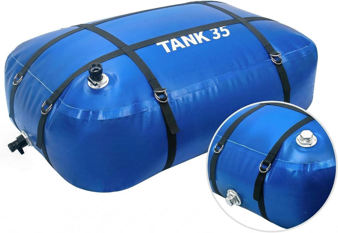 TPU Water Storage Bladder, 35 Gallon Portable RV Fresh Water Tank, Food Grade BPA Free Collapsible Flexible Container for Drinking, Camping, Irrigation & Emergency-Hurricane, Drought, Fire (3/4 GHT)