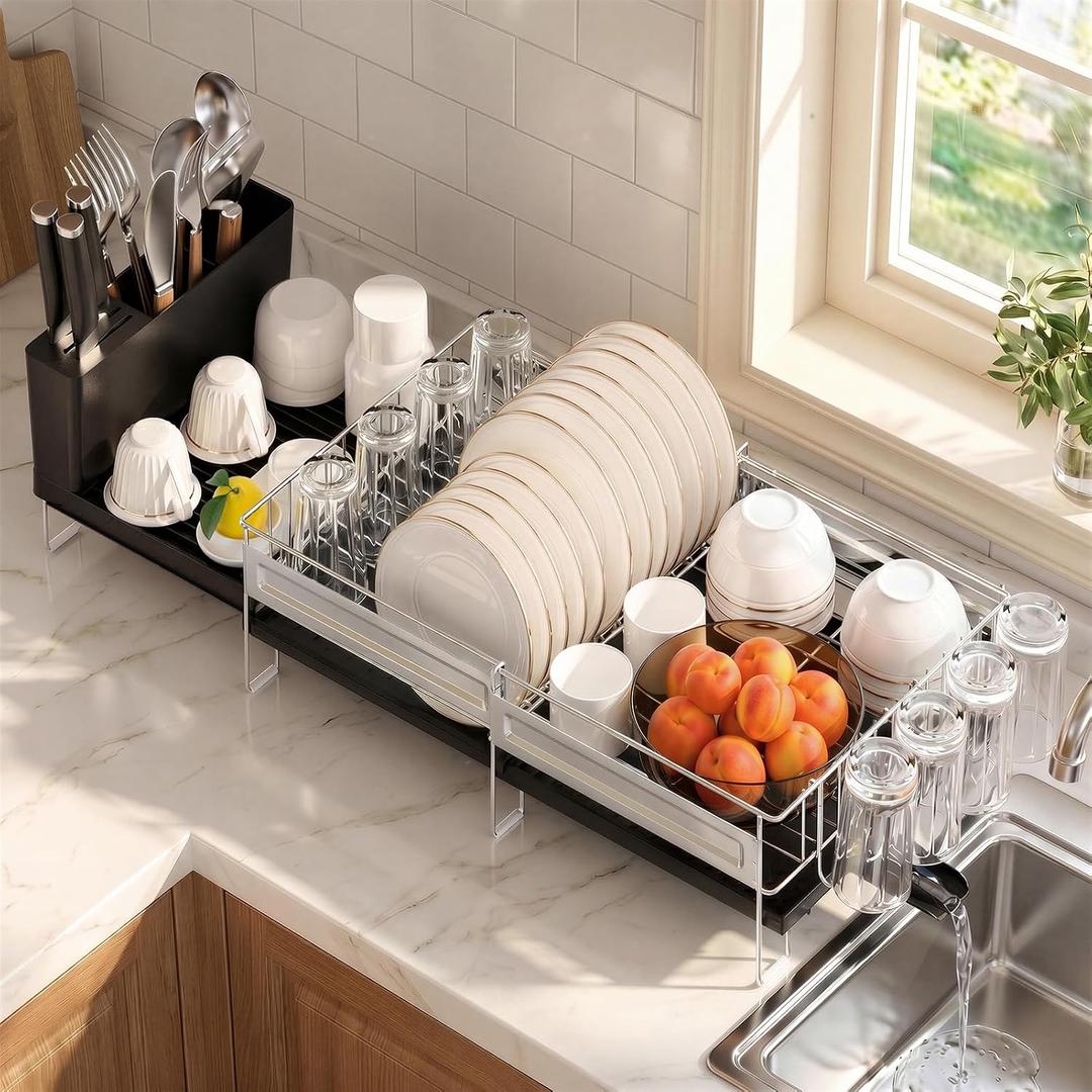 Delamu Large Dish Drying Rack, Stainless Steel Dish Racks for Kitchen Counter, Multifunctional Dish Drainer with Cutlery & Cup Holders, Extendable from 13.4 to 28.7 in, Black, 1-Tier