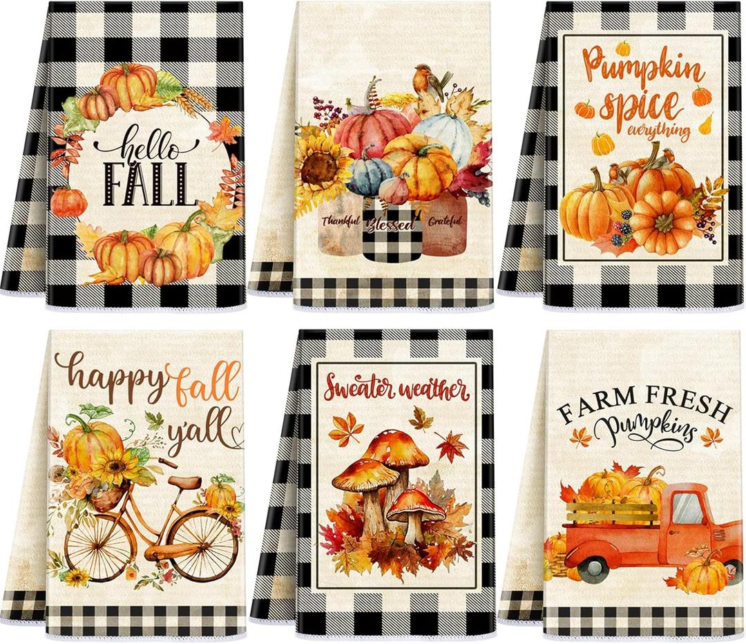 Ganeen 6 Pcs Hello Fall Thanksgiving Hand Towels Set Black and White Checkered Kitchen Dish Towels Vintage Pumpkin Truck Biker Farmhouse Buffalo Plaid Tea Decorations for Home Kitchen Cooking (Adorable)