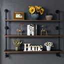 Industrial Pipe Wall Shelves Pipe Shelving with Real Wood Plank ,48 Inches Floating Shelves for Wall Farmhouse Pipe Book Shelves Dark Brown 3 Tier for Kitchen,Living Room Decor and Bar Shelving