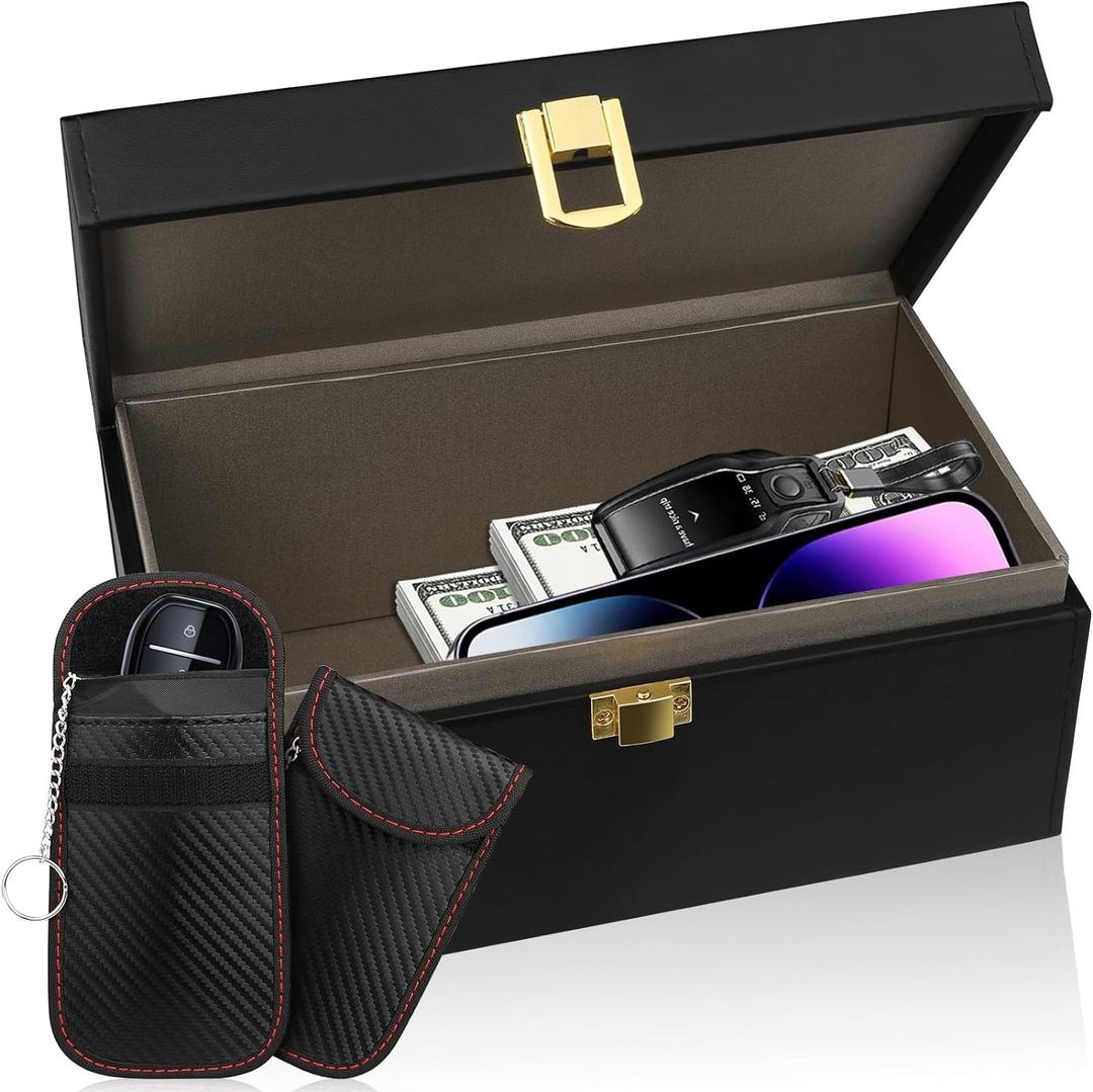 Extra Large Faraday Box, RFID Box for Car Keys with Pouch, Faraday Cage Key Fob Protector, Carbon Fiber Signal Blocker for Keyless Fob, Anti Theft Faraday Bags for Car Keys, Phones