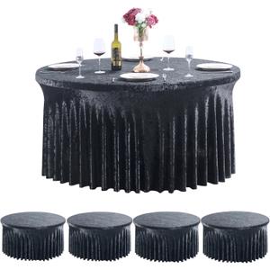 Outpain 4Pack 60 Inch Round Velvet Tablecloths - 120 Inch Stretch Spandex Table Cover with Floor-Length Skirt, Wrinkle-Free Luxury Elastic Table Cloths for Weddings,Banquets,Events (Black)