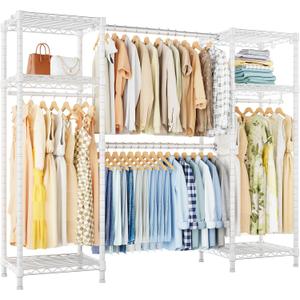 Ulif E7 Heavy Duty Garment Rack, Clothes Organizer and Storage Rack with Expandable Hangers, Metal Clothing Rack with 6 Wire Shelves, (52.3"-72") W x 14.5" D x 71.2" H, Load 838 LBS, White