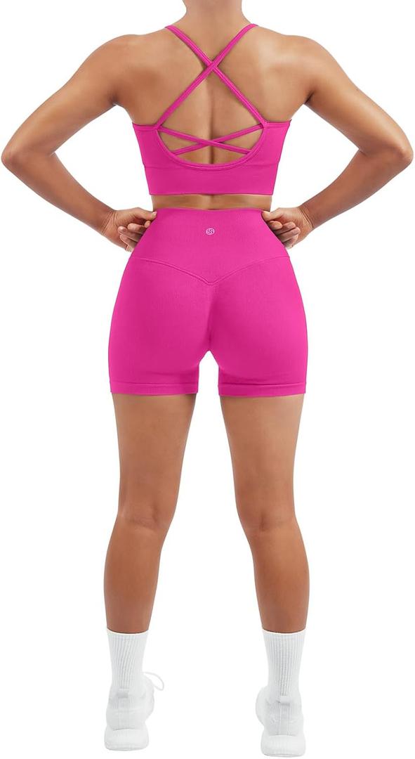 SUUKSESS Women Seamless 2 Piece Workout Sets Criss Cross Sports Bra High Waist Booty Shorts (Large, Hot Pink)