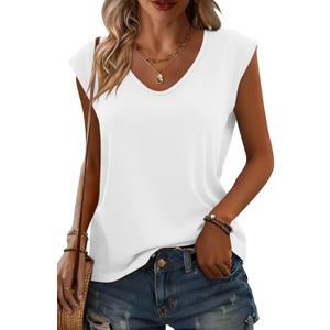 Womens Casual Tops V Neck Cap Sleeve T Shirt Loose Fit Summer Basic Tee for Spring Fashion, Vacation Beach Wear (White, XL)