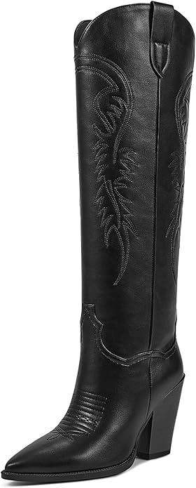 ISNOM Women's Cowgirl Boots Pull On Knee High Boots, Cowboy Western Embroidered Chunky Block Heel Pointed Toes Boots 7