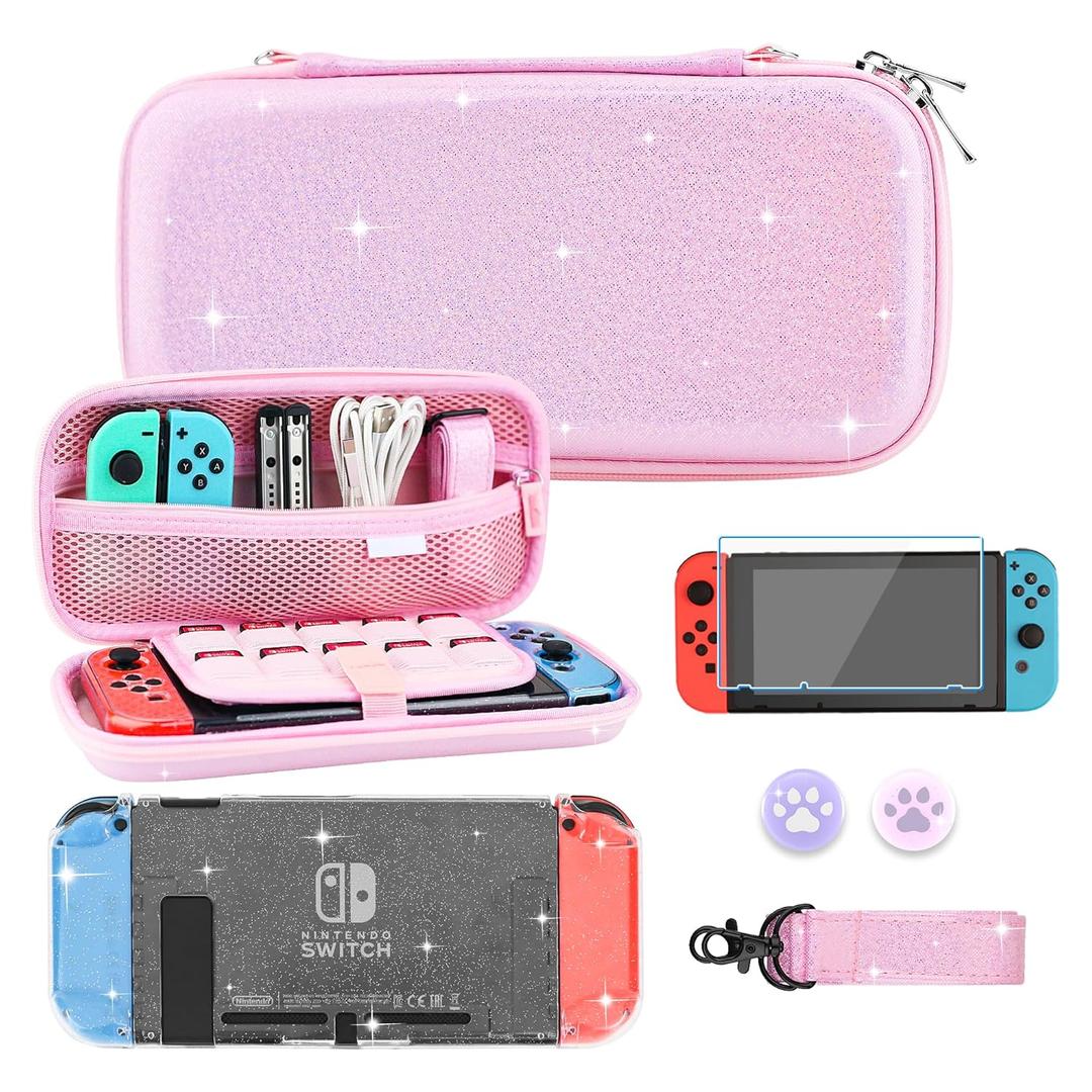 RHOTALL Glitter Pink Carrying Case for Nintendo Switch, Hard Portable Travel Case for Switch Accessories with Clear Glitter Protective Cover, Shoulder Strap, and 2 Thumb Caps RHOTALL Glitter Pink Carrying Case for Nintendo Switch, Hard Portable Travel Case for Switch Accessories with Clear Glitter Protective Cover, Shoulder Strap, and 2 Thumb Caps