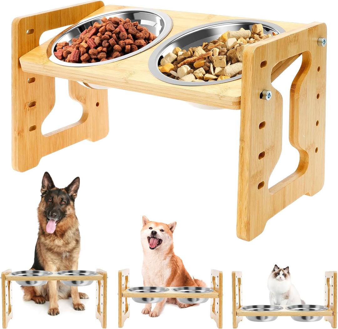 Elevated Dog Bowls - Flexible Adjustable Dog Bowl Stand for Small Medium Dogs & Cats | 6'' Diameter Double Bowls & Non-Slip Foot Pads & Removable Stand