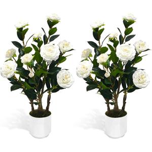 2Pack Artificial Camellia Tree, 2FT Faux Camellia Plant in Pot with White Flowers for Spring Home Front Door Outdoor Indoor Decoration,White