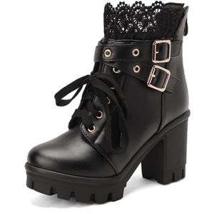 MEOTINA Goth Platform Boots Lace Buckle Gothic Cosplay Booties Chunky High Heels Ankle Boots Zipper Punk Shoes (10.5)