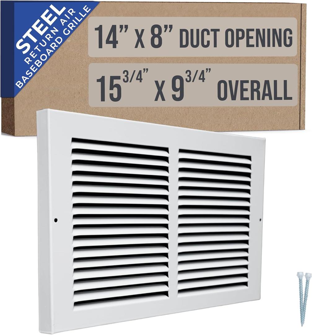 Fits 14x8 Duct Opening | Steel Baseboard Return Air Grille by Handua | Vent Cover Grill | 7/8" Margin Turnback [Depth] to Fit Baseboard | White | Outer Dimensions: 15.75"W X 9.75 "H