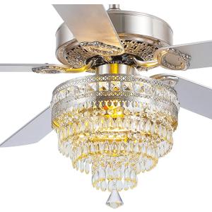 52" Silver Crystal Chandelier Ceiling Fans with Lights and Remote Control | Classical Design,6 Reversible Speeds,30W Quiet DC Motor,5 Wooden Blades,2*E12 LED Bulbs Included,for Living Room Bedroom