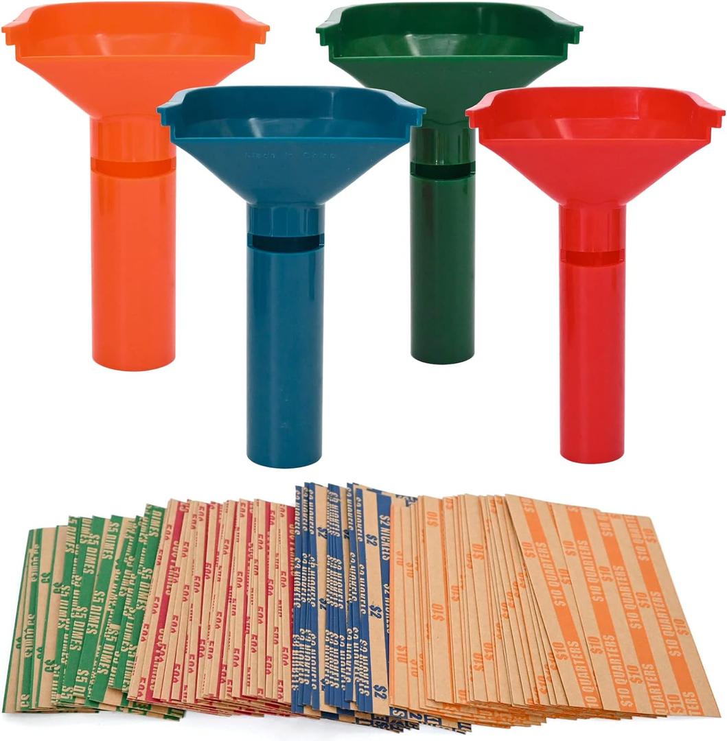 L LIKED 150 Assorted Flat Striped Coin Wrappers & 4 Coin Sorters Tubes, Color-Coded Coin Counters, Easy to Load