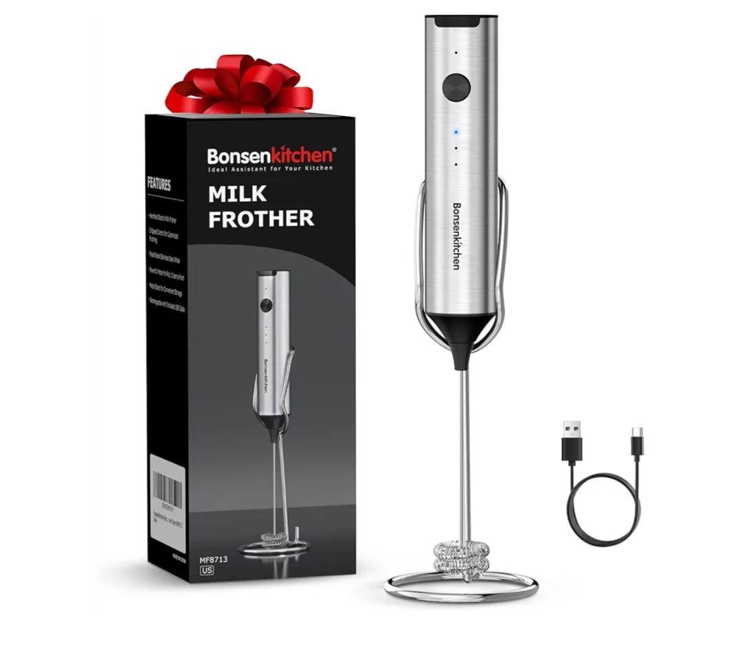 Bonsenkitchen Rechargeable Milk Frother with Stand, 3-Speed Handheld Coffee Frother, Dual Spring Whisk Electric Hand Frother Wand Drink Mixer for Matcha Lattes Cappuccino, Kitchen Gifts