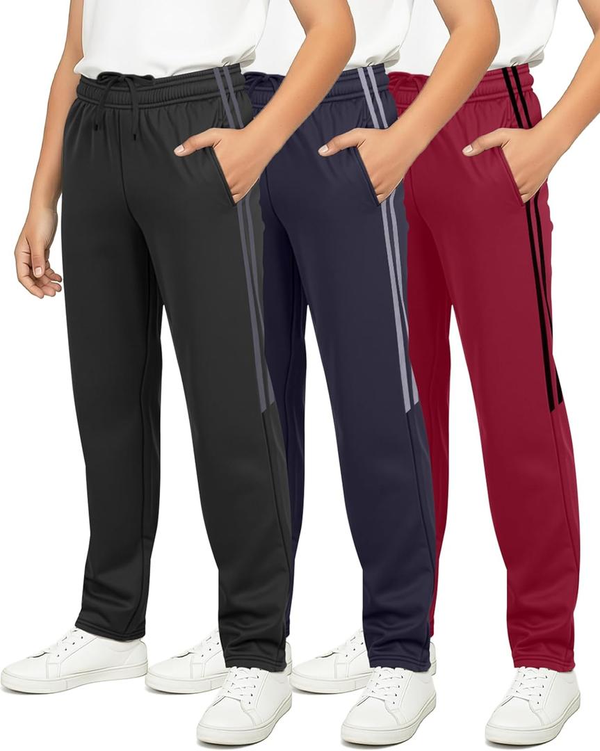 Real Essentials 3 Pack: Boys' Tricot Open Bottom Sweatpants - Athletic Running Pants with Pockets for Kids Teens Youth (X-Large, Set 8)