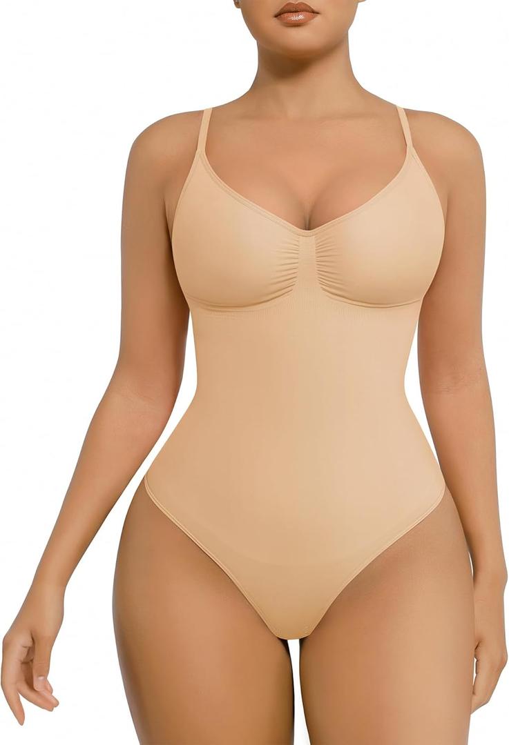 FeelinGirl Shapewear Bodysuit for Women Tummy Control Seamless Sculpting Snatched Waist Body Suit Body Shaper Thong (Medium-Large, Buttercream)