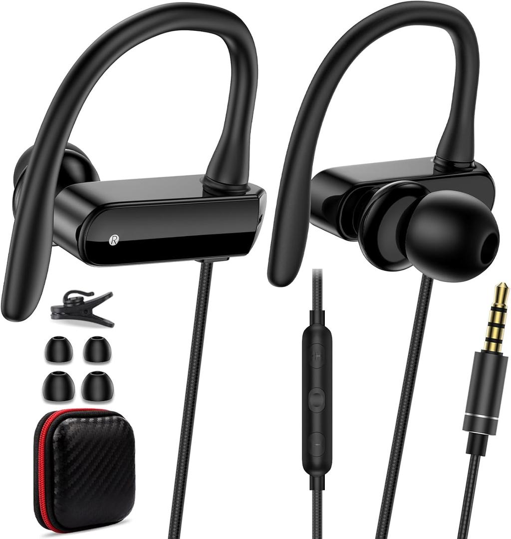 Wired Over Ear Earbuds with Microphone Ear Hook,3.5mm Sport Headphones Wired for Laptop/iPad/iPod/3.5mm Plug Cellphone,Earphones Noise Cancelling Headset for Chromebook/Switch/Galaxy/MP3 Running,Black