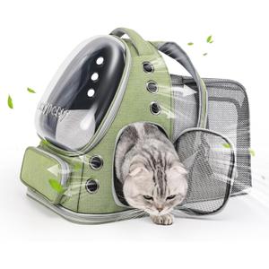 Cawypety Expandable Cat Backpack,Cat Bubble Backpack Carrier for Carrying Cats, Pets and Small Dogs,Airline-Approved,Designed for Travel, Hiking, Walking,Car (Square Expandable- Green)