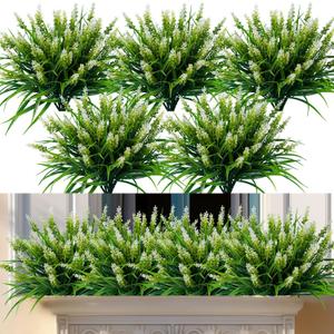 Artificial Flowers for Outdoor Plants 24 Bundles Fake Lavender Plastic Faux Monkey Grass for Verandah Window Garden Office Patio Front Porch UV Resistant for Planter(White)