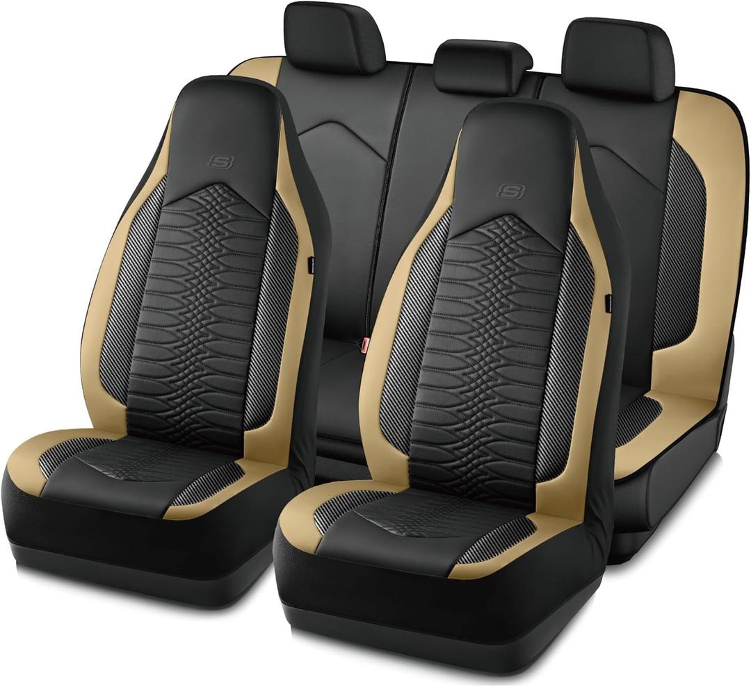 Skechers Memory Foam Car Seat Covers, Leather High Back Seat Covers Quilting Design,Waterproof Sports Car Seat Covers Full Sets,Airbag Compatible, Universal Fit for Most Cars, SUVs,Trucks,Beige (Black and Beige)