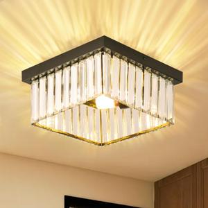 9.8" Chandelies Crystal Ceiling Light Fixture Flush Mount Ceiling Lamp E26 Square Modern Crystal Chandelier for Living Room Hallway Dining Room Bedroom KitchenBlack