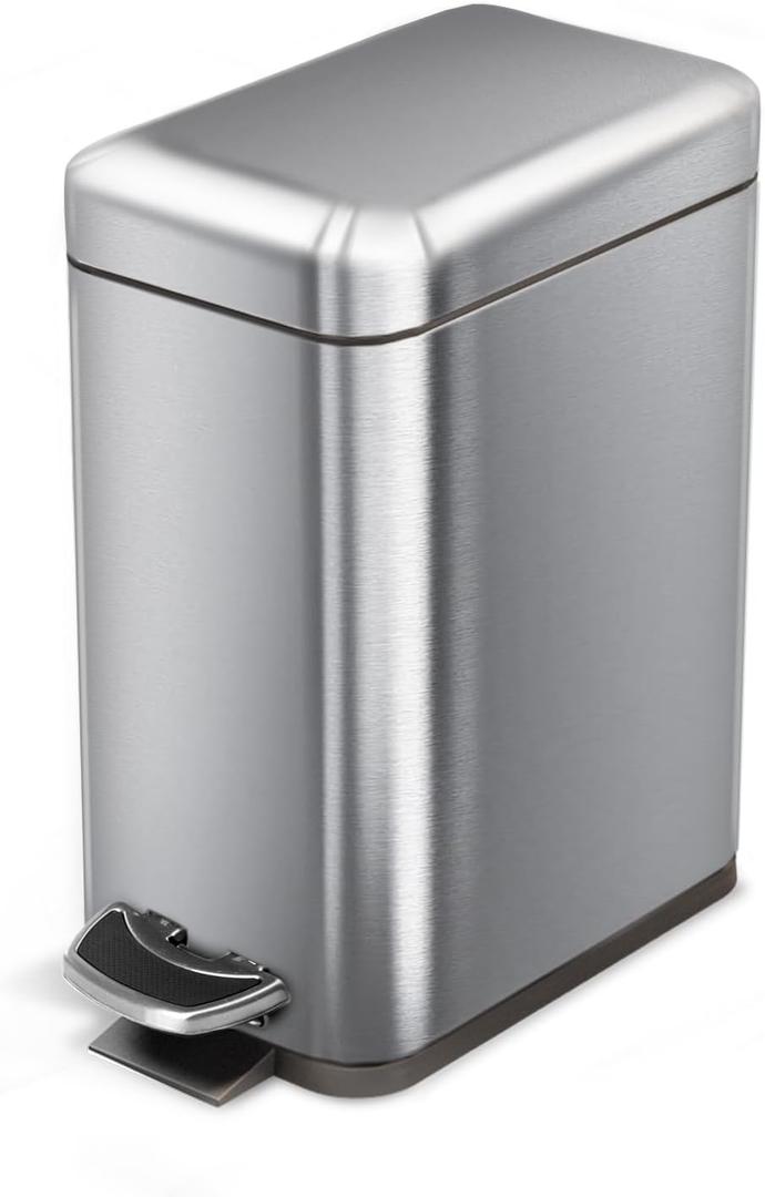 Home Zone Living 1.3 Gallon Small Bathroom Trash Can with Lid and Step Pedal, Stainless Steel Wastebasket with Slim Design for Home and Office, Silver, 5 Liters