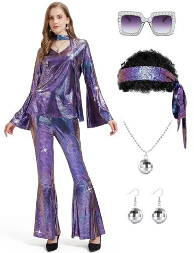 Lydoesy Women 70s Disco Costume 8 PCS Disco Outfit for Halloween Cosplay Party, Large