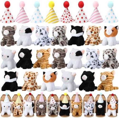 Motionchic 20 Set Cat Stuffed Animals Bulk with Birthday Hats Kraft Paper Boxes Mini Plush Toys Small Stuffed Kittens Adopt Pet Gift for Adoption Event Animal Theme Birthday Party (Sitting Cat)