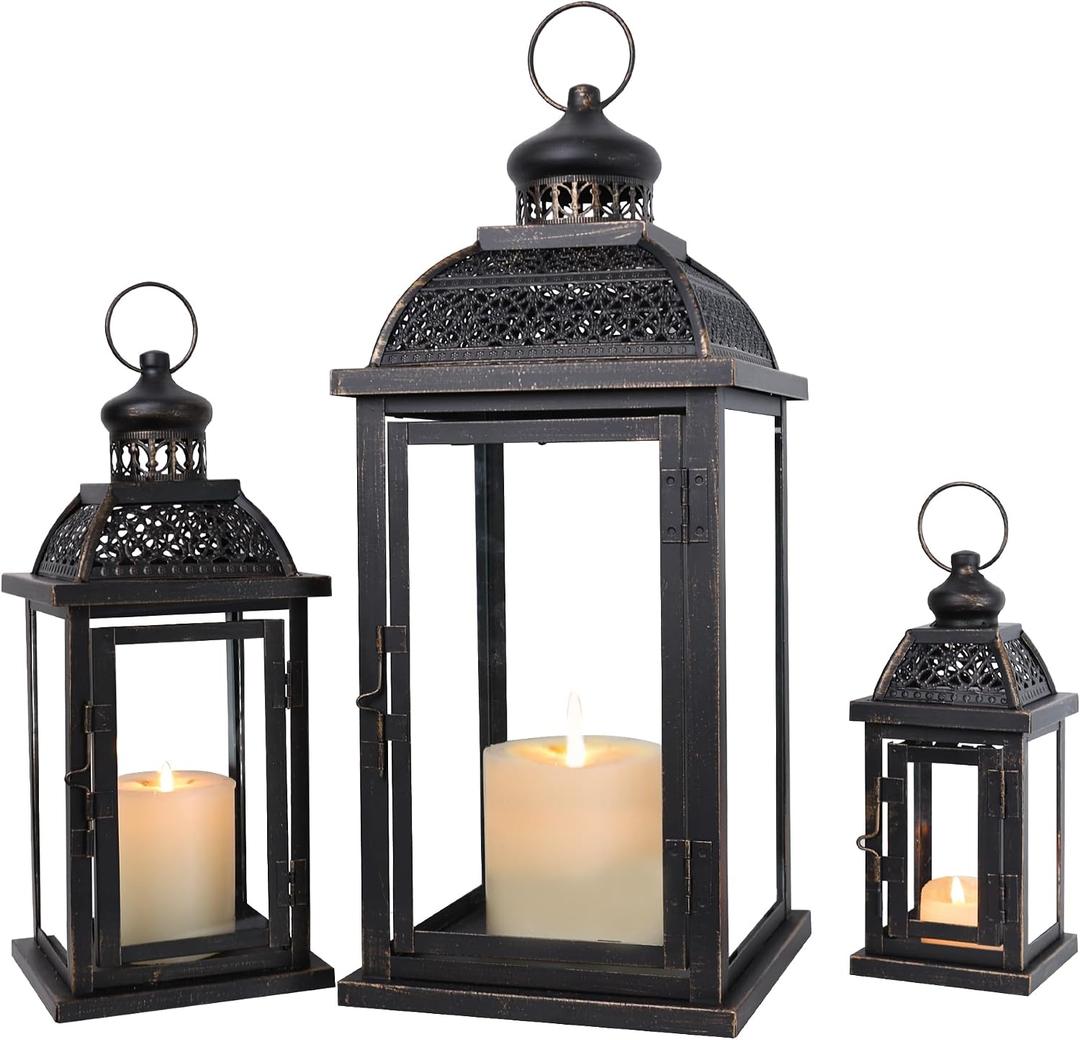 Lanterns Decorative Indoor&Outdoor, 19’’&14’’&10’’ Extra Large Metal Candle Lanterns, Vintage Candle Holders Farmhouse Shelf Wedding Front Porch Patio Decor, Christmas Halloween Decorations for Home