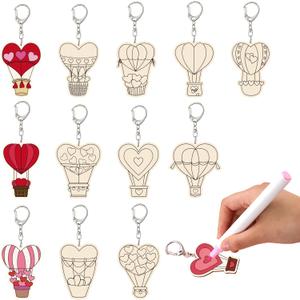 RattanView 24 Pcs Valentine's Day Heart Hot Air Balloon Craft Color Your Own Keychains DIY Craft Wooden Blank Keychains for Sunday School Classroom Home Active Party Favors Gifts, 12 Styles