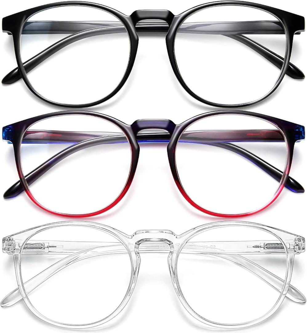 IBOANN Chic & Comfy Blue Light Glasses for Women - 3-Pack Round Frames, Screen-Ready Style with UV Protection Coating (A27 Light Black & Dark Blue Red & Transparent)