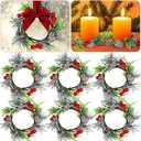 7 Pcs Christmas Candle Rings Wreaths, 7 Inch Candle Wreath with Artificial Red Berries and Cedar, Christmas Candle Holder Indoor Decor for Home Kitchen Cabinets Centerpieces for Tables