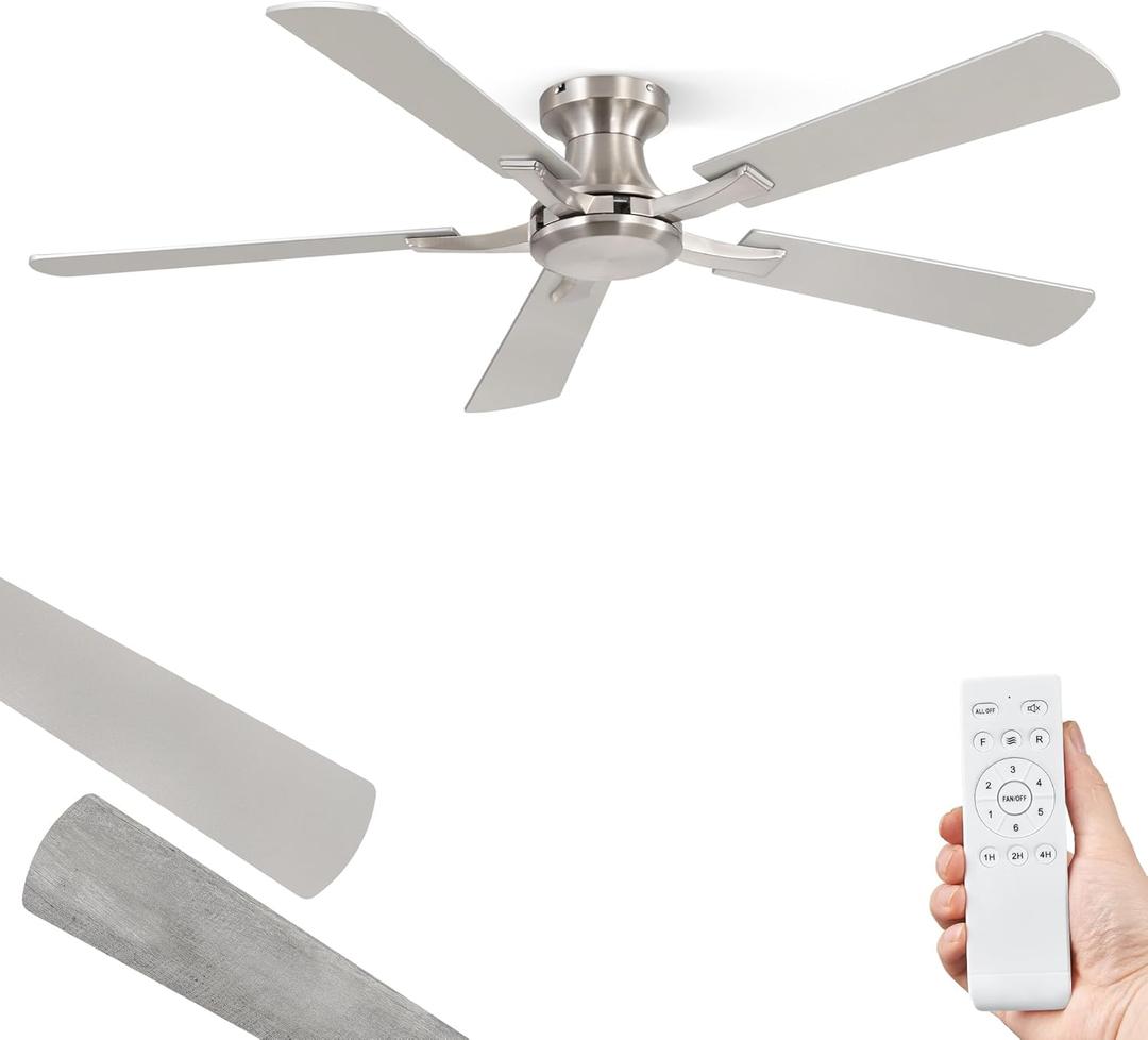 ZMISHIBO 52 Inch Ceiling Fan No Light, Flush Mount Low Profile, Modern Nickel Ceiling Fan Without Light, Remote Control & Quiet DC Motor, for Indoor&Outdoor, Bedroom, Living Room