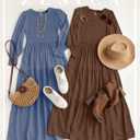 ZESICA Women's Casual Long Sleeve Crew Neck High Waist Smocked Flowy Tiered Midi Dress (L)